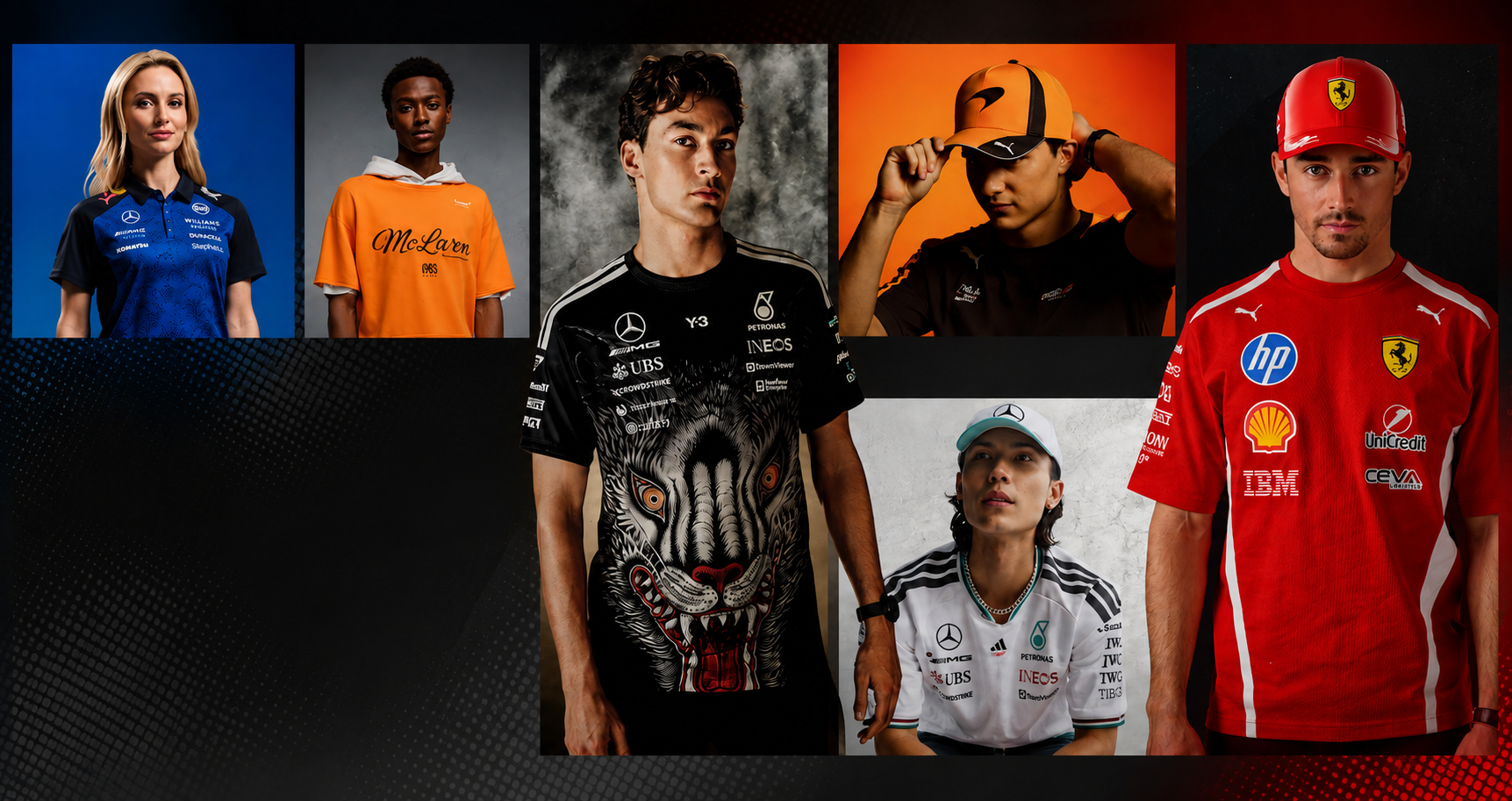 Collage of people wearing various branded t-shirts on a dark background